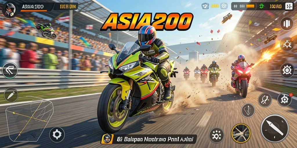 Gameplay ASIA200 yang seru dengan balapan motor yang mendebarkan.