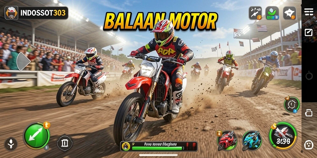 Tangkapan layar INDOSLOT303 menampilkan aksi balapan motor yang mendebarkan di trek yang menantang.