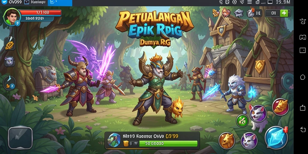 Screenshot gameplay OVO99 menunjukkan karakter beraksi dalam dunia RPG yang penuh warna.