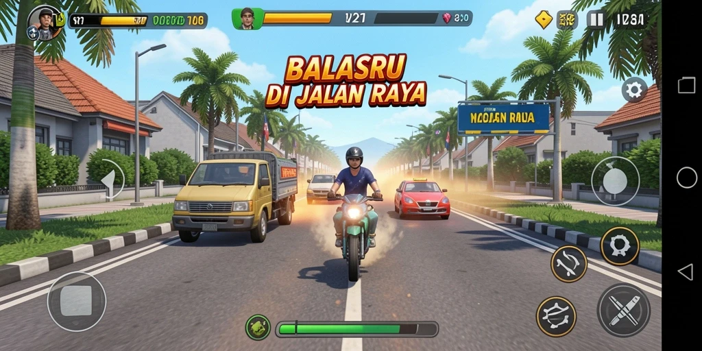 Tampilan gameplay V21 dengan aksi balap yang seru dan mendebarkan.